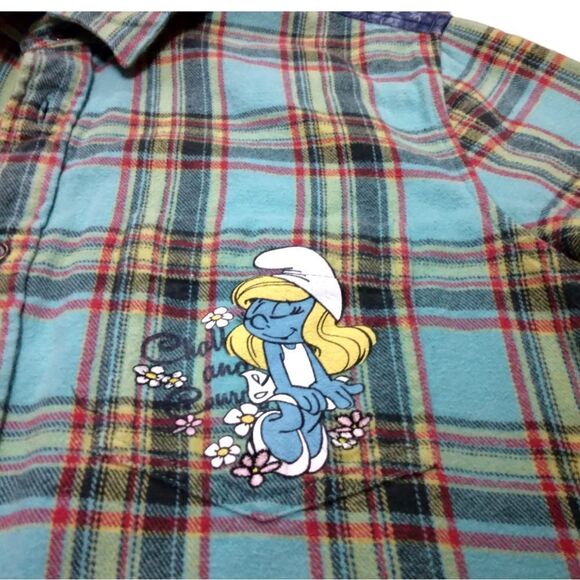 WHOLE HAUSS | VINTAGE SMURF GRAPHIC PRINT FLANNEL PLAID BUTTON DOWN IN TEAL - Picture 4 of 16